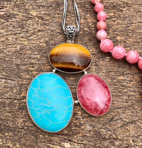Pingente de Olho de Tigre, Rodocrosita e Turquesa com Prata 925