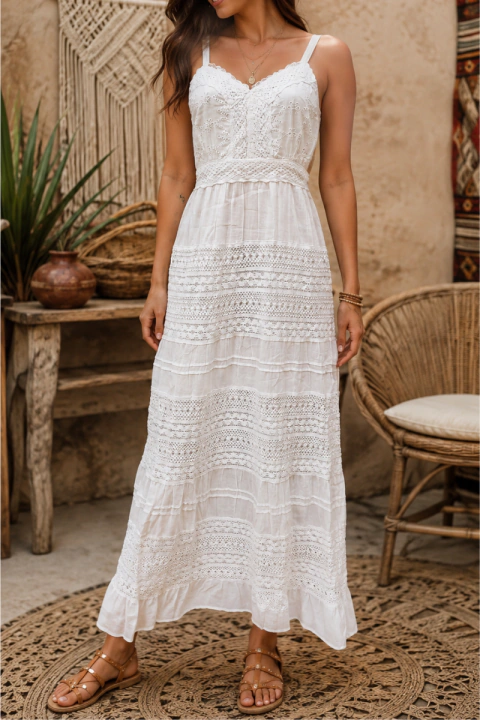 VESTIDO INDIANO LONGO DE ALÇA BRANCO 100% ALGODAO