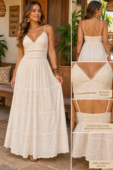 VESTIDO LONGO INDIANO ALÇA AJUSTÁVEL 100% ALGODÃO CRU