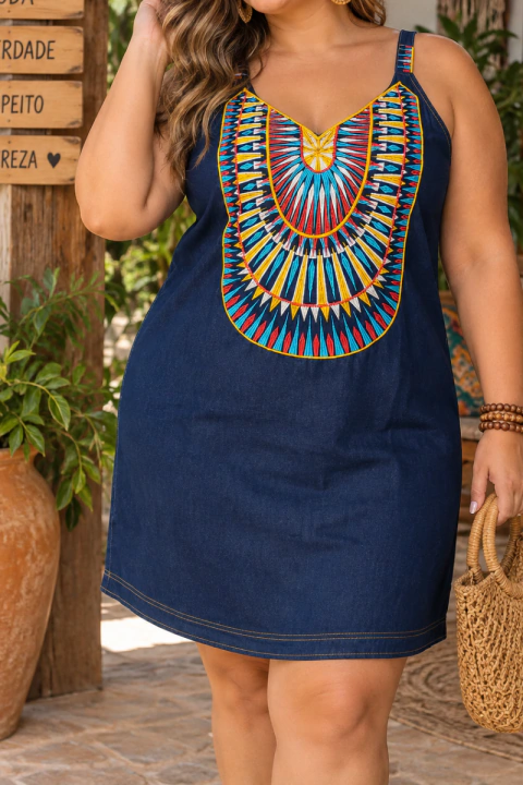 VESTIDO CURTO INDIANO JEANS PLUS SIZE 100% ALGODÃO