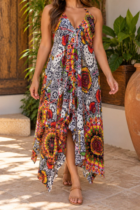VESTIDO LENÇO COSTA NUA ESTAMPADO COM AMARRAÇÃO