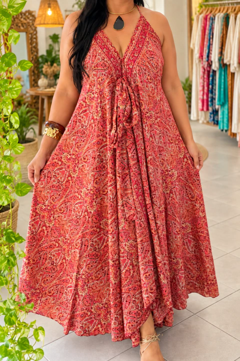 VESTIDO INDIANO LONGO ESTAMPADO COM ALÇAS AJUSTAVEL
