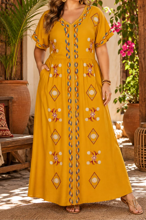 VESTIDO LONGO INDIANO EM VISCOSE COM BORDADOS COLORIDOS
