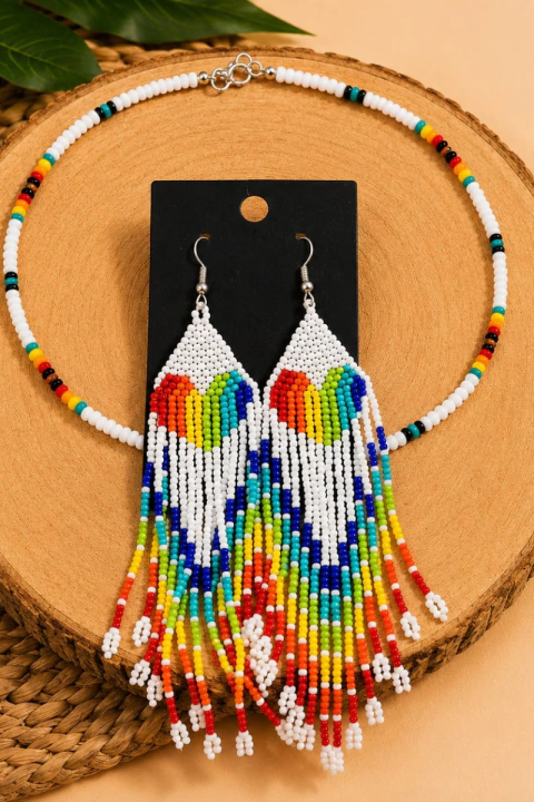 KIT COLAR E BRINCO DE MIÇANGAS COLORIDAS