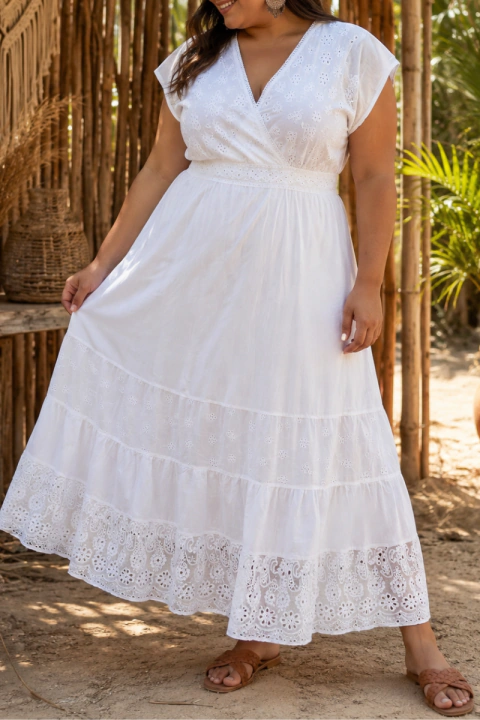 VESTIDO INDIANO LONGO BRANCO 100% ALGODÃO PLUS SIZE