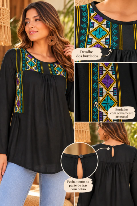 BATA FEMININA INDIANA BORDADA-100% VISCOSE