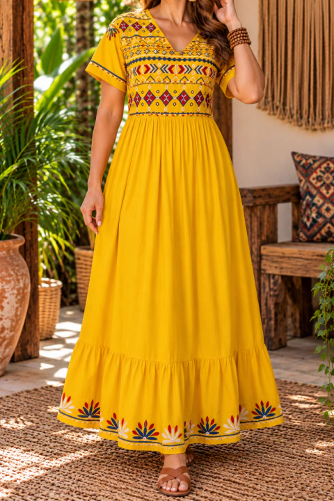 VESTIDO LONGO INDIANO BORDADO 100% VISCOSE
