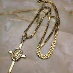 Cadena Veneciana gruesa  + Dije Cruz Virgen Oro laminado 18k
