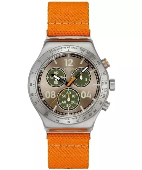 Reloj Swatch YVS101 – Irony Chrono Marrón con Correa Naranja 43mm Acero Textil 3 ATM - comprar online