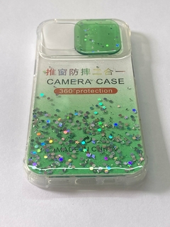 iPhone 13 Funda Antishock Verde glitter tapa camara