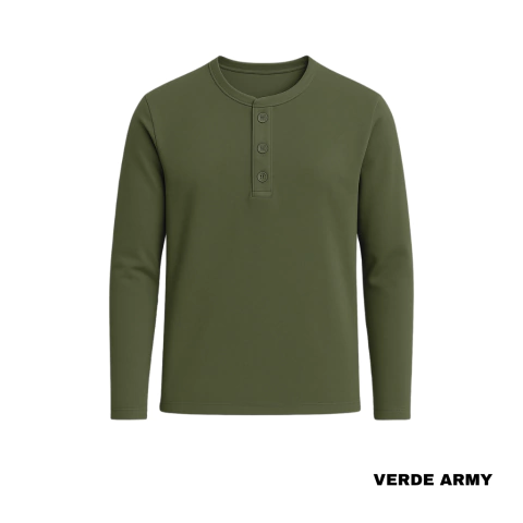Remera Manga Larga de Ribb de Algodon Verde Army con Boton
