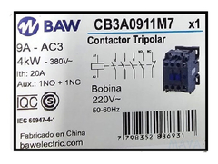 Contactor Tripolar Baw 9a Bobina 220v + 1na 1nc - Electricidad MAVA
