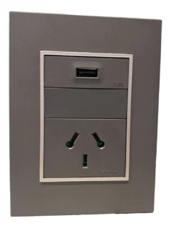 Llave Cambre Bauhaus Toma Usb + 220v Gris Ribete Aluminio