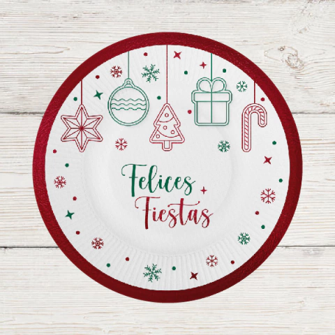 Plato "Felices Fiestas" stamping rojo (x 8 unidades)