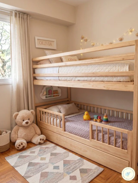 Cama alta de madera natural con barandas superiores y cama carro inferior con juguetes, en habitación infantil decorada con peluche grande y alfombra geométrica.
