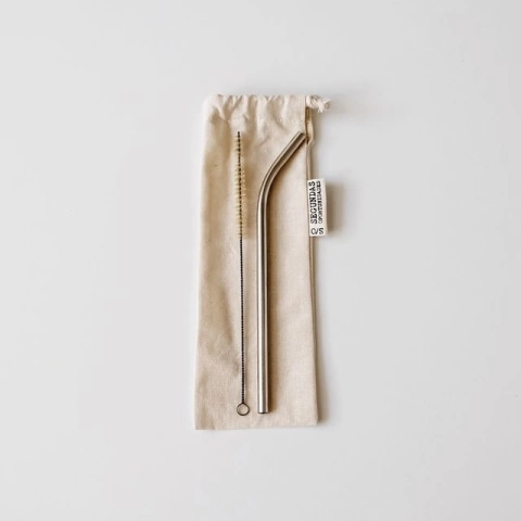 KIT SORBETE ACERO INOXIDABLE CURVO CON LIMPIADOR EN BOLSA DE LIENZO NATURAL