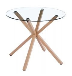 Mesa Redonda 90cm vidrio y patas metálicas simil madera