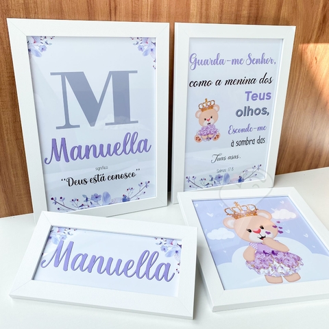 Kit Quadros Menina Ursinha Princesa e flores lilás