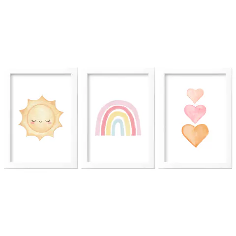 Kit Quadros Menina Boho Arco-ìris Sol Corações