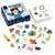 Juego de cartas Crazy Flip con cartas ilustradas con objetos coloridos y caja azul con dibujo de niña