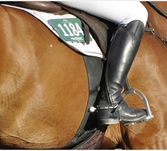 Faixa protetora preta de espora ajusta ao corpo do cavalo 
