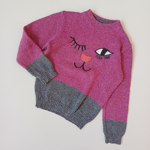 SWEATER CECILIA TURDO T. 2- 3 AÑOS LILA GRIS CARITA * DETALLE