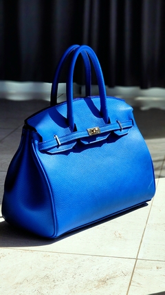 Cartera "Paris grande" cuero graneado azul fr. herraje DORADO