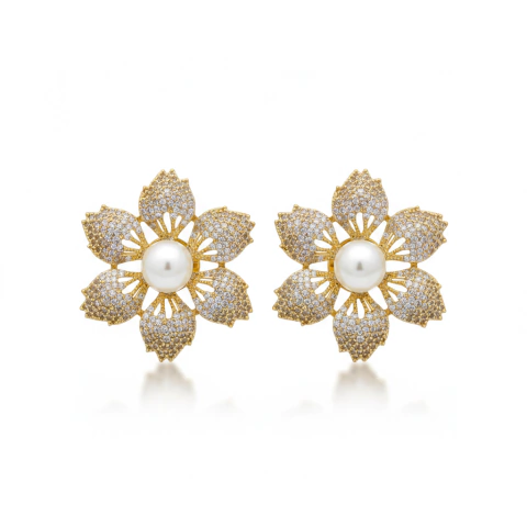 BRINCO FOLHEADO FLOR MICROZIRCONIAS PEROLA OBHA75812 (12 PARES) - comprar online