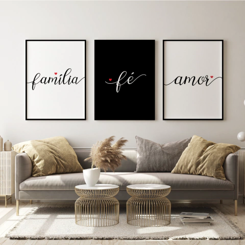 Quadro Decorativo - trio: família, fé, amor