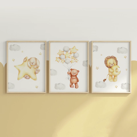 Quadro Decorativo Infantil - Trio: Bichinhos, Estrelas e Lua