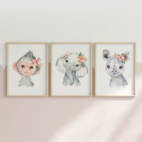 Quadro Decorativo Infantil - Trio: Safari Flores - Macaca, Elefante e Rinocenronte