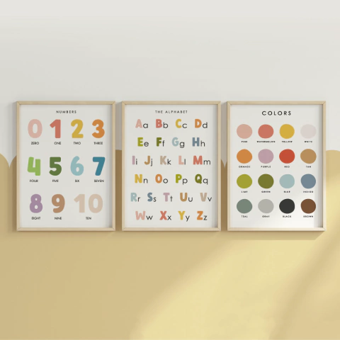 Quadro Decorativo Infantil - Trio: Alfabeto + Numeros + Cores
