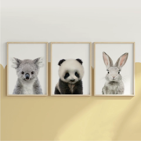 Quadro Decorativo Infantil - Trio: Bichinhos - Coala, Panda e Coelho