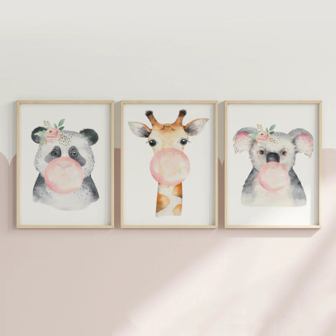 Quadro Decorativo Infantil - Trio: Bichinhos com chicletes