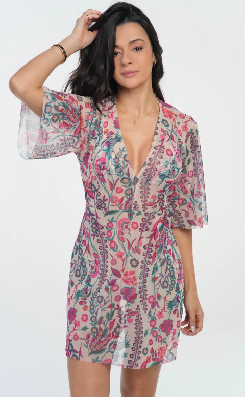 Vestido Curto Manga Evase Estampa Flores Silvestres