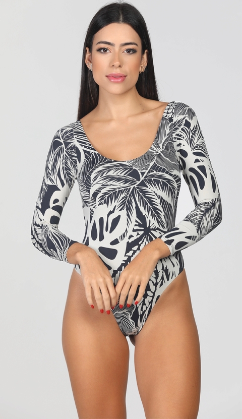 3/4 Sleeve Black Leaf Print Swimsuit