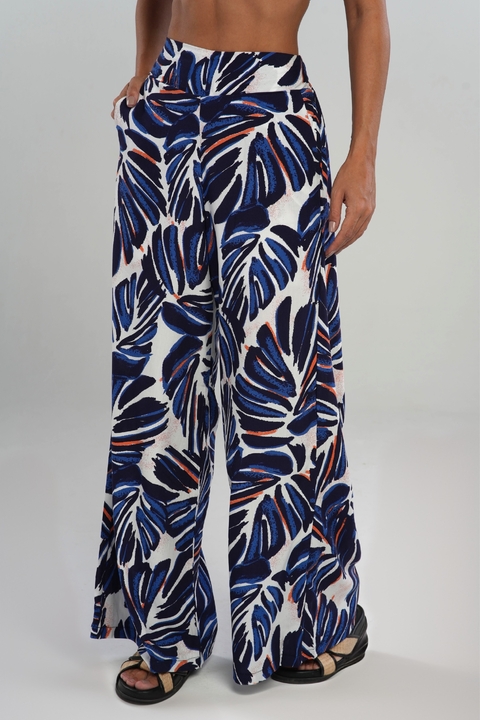 Zete Wide-Leg Pants with Blue Leaf Print