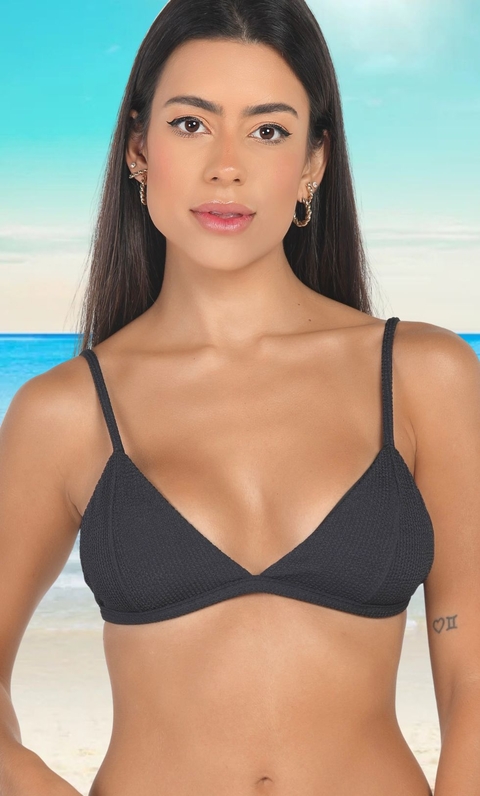 Top de Bikini de Triángulo Acanalado Negro