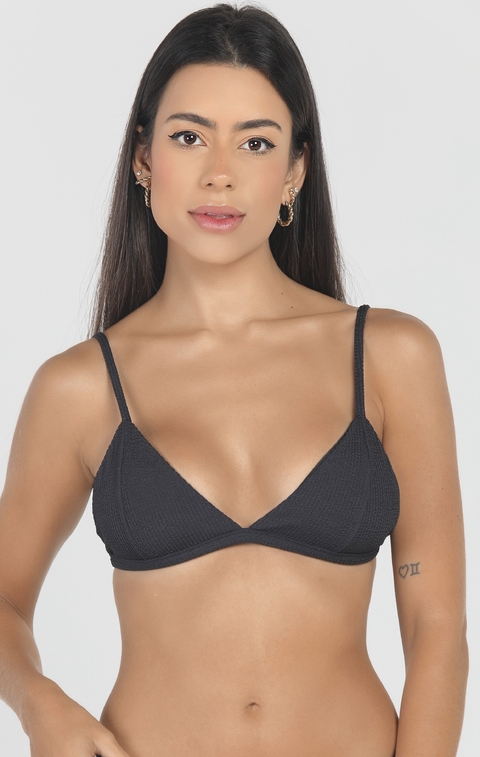 Top de Bikini de Triángulo Acanalado Negro