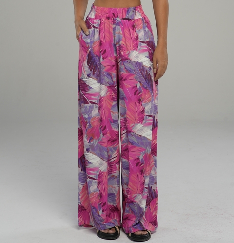 Wide-Leg Pants with Colorful Feather Print in Fluity Fabric