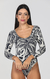 3/4 Sleeve Black Leaf Print Swimsuit