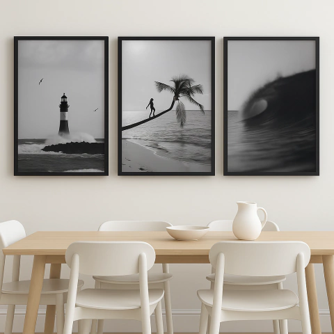 Combo x3 Cuados Fotos BYN Ola Faro Palmera (COM-3130) - comprar online