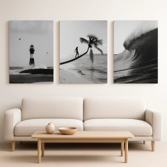 Combo x3 Cuados Fotos BYN Ola Faro Palmera (COM-3130) en internet