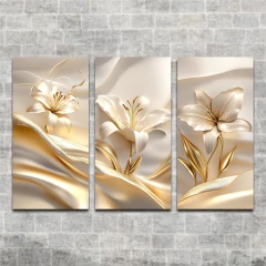 Triptico Moderno Abstracto Flores Doradas - comprar online