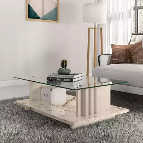 Mesa de Centro Retangular com Tampo de Vidro Frizz Calacata/Offwhite - comprar online