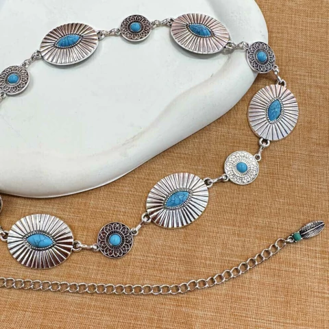 Cinto Boho oval com turquesas prateado