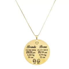 Colar com dados do nascimento do bebê em ouro 18kl