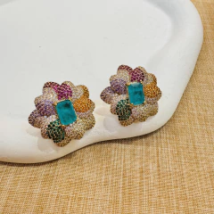 Conjunto de brincos e anel cravejados com zirconias coloridas e pedra fusion quadrado turmalina em ouro 18kl na internet
