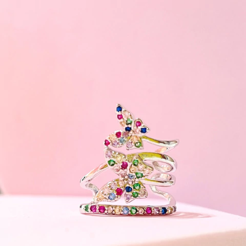 Piercing fake de borboletas com zirconia colorida em ródio branco