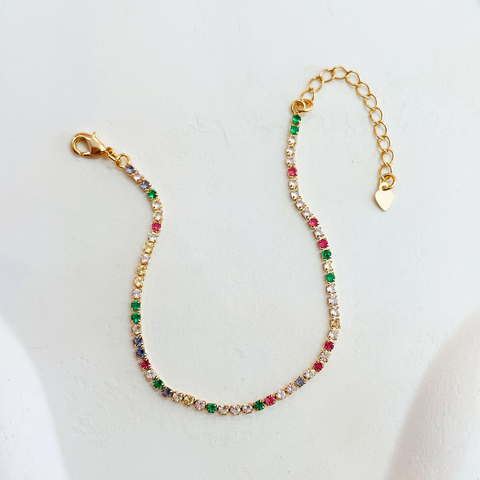 Pulseira riviera com zirconias multicor em ouro 18kl